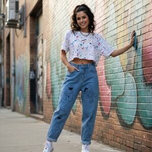 Sesame Street‎ Jeans Womens Small 23 Blue Cropped Elmo Cookie Monster Hand Drawn